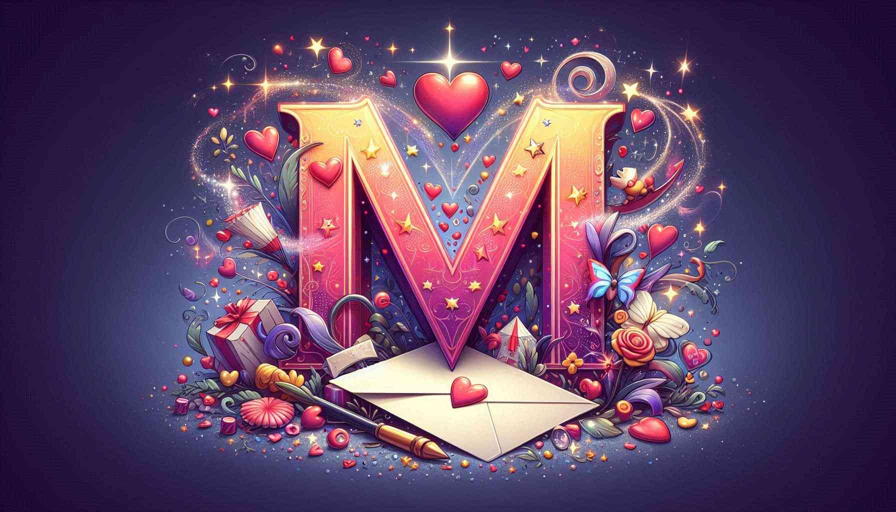 M Pic love: M letter in love themed style with magical elements as a romantic greeting card